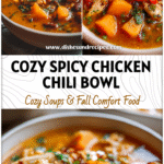 A bowl of Spicy Butternut Squash Chicken Chili topped with herbs and tender chicken chunks in rich broth